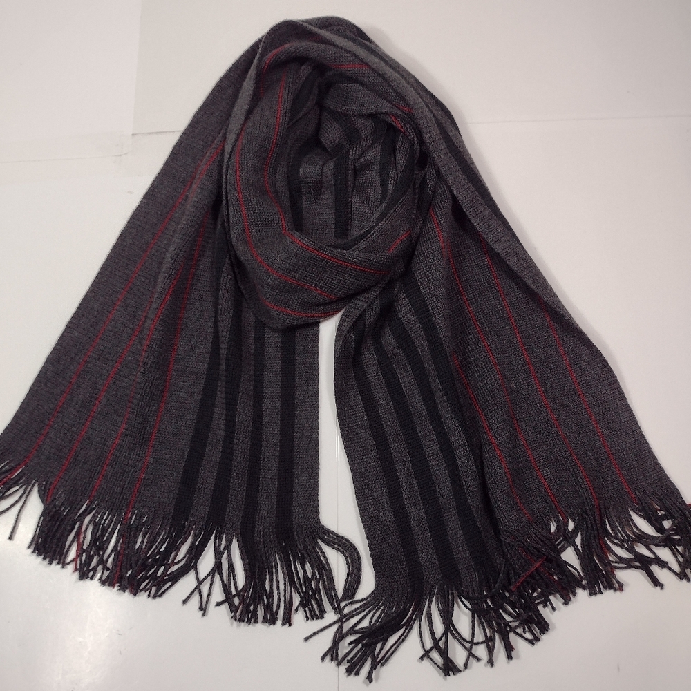 Apt. 9 Gray and Black Striped Scarf with Red Pinstripes